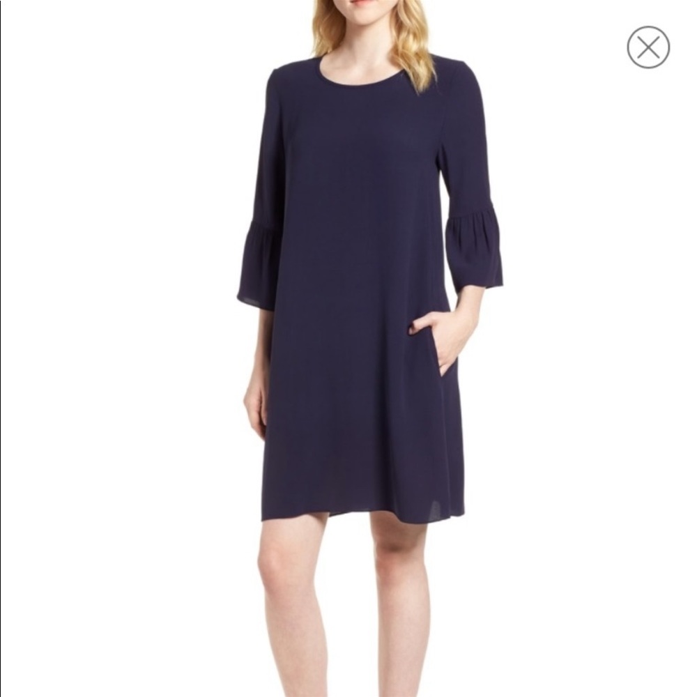 EILEEN FISHER Navy Silk 3/4 Sleeve Tunic Dress Size Large